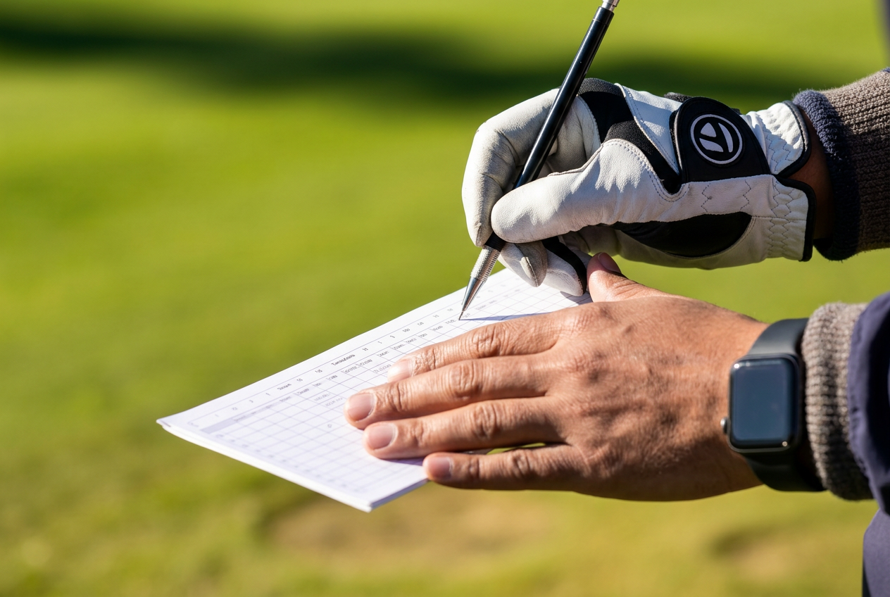 Golfer marking a paper scorecard