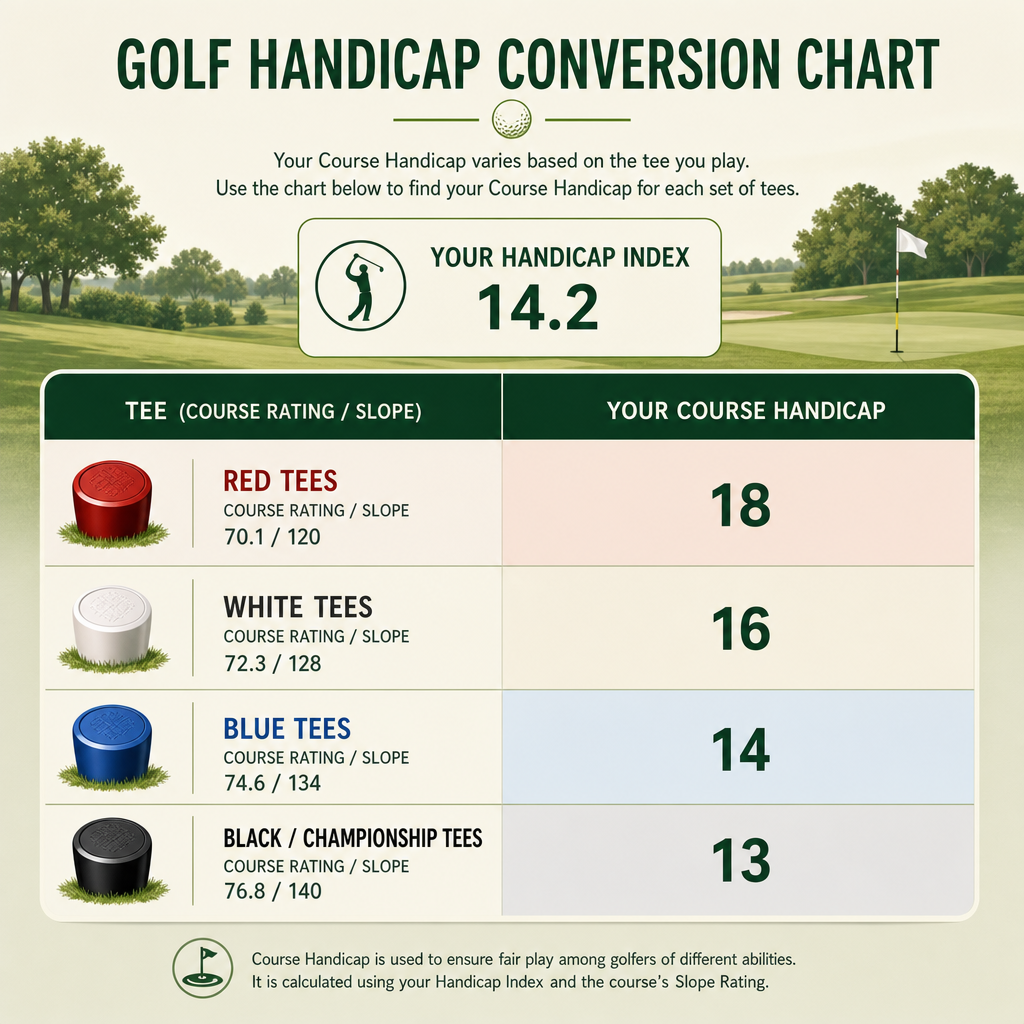 Course Handicap conversion chart showing Handicap Index 14.2 producing different Course Handicaps across red, white, blue and black tees