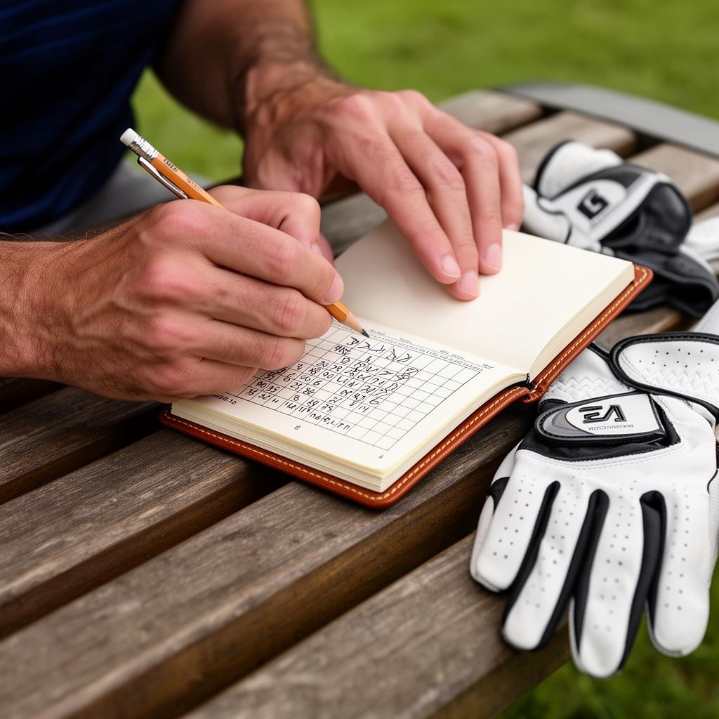 Golfer writing scores in a yardage book