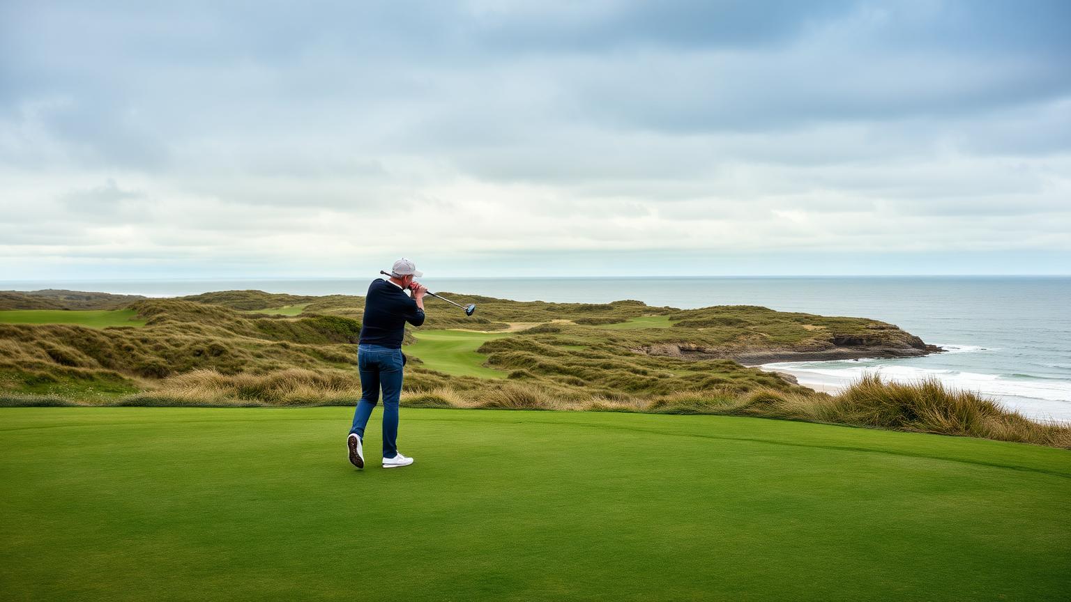 Golfer teeing off on a UK links course by the sea
