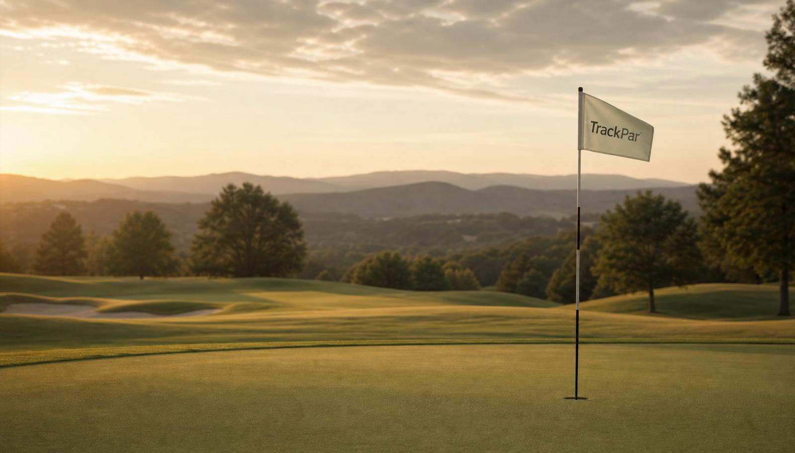 Scenic golf green with a TrackPar flag at sunset