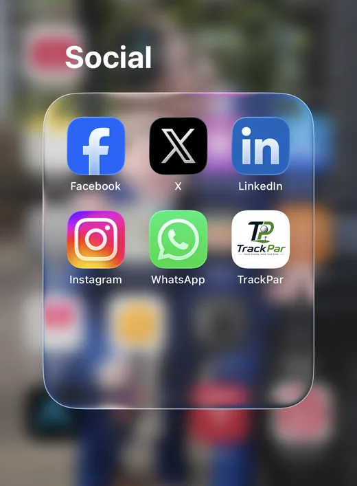 TrackPar app icon on an iPhone home screen alongside Facebook, X, LinkedIn, Instagram and WhatsApp