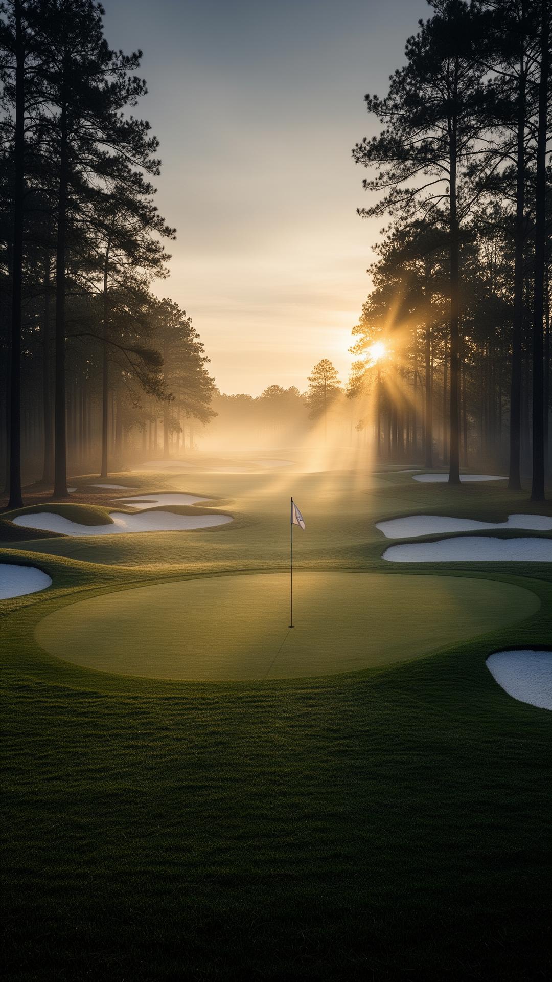 Misty sunrise over a golf green