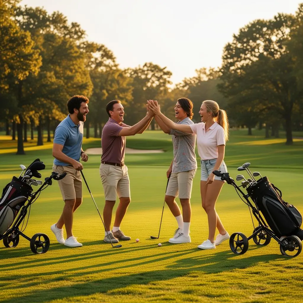 Group of friends celebrating together on a golf course at golden hour