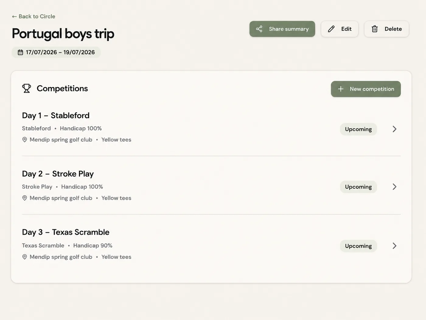TrackPar competitions attached to a golf event with formats and scoring